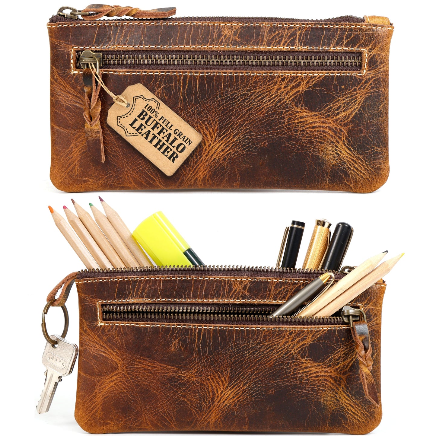 LEATHER TOWN Leather Pencil Case Pouch 8" x 4" - Leather Pen Case with Zipper (Antique Brown)