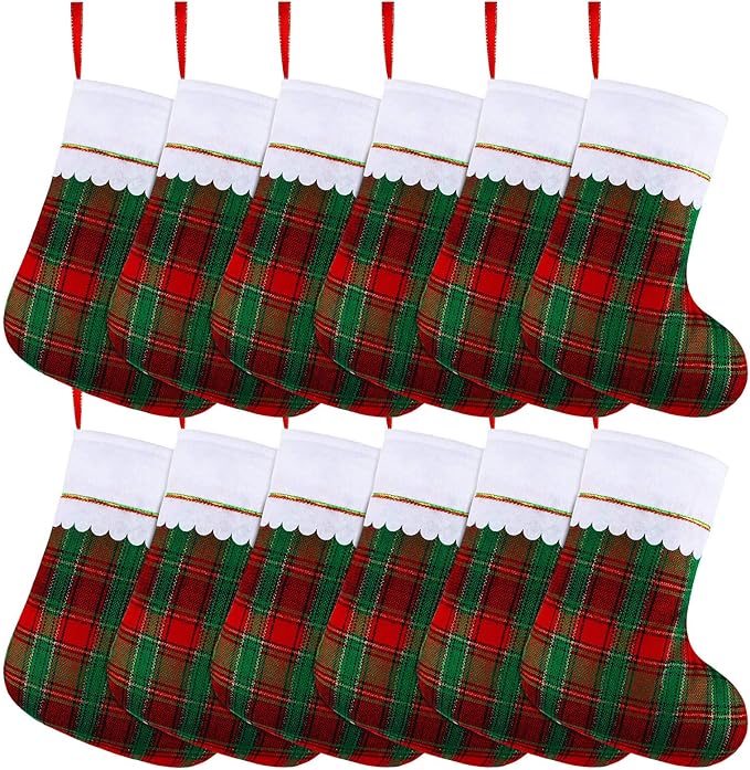 URATOT 12 Pack 15 Inches Christmas Stockings Red and Green Plaid Pattern Felt Christmas Holiday Stockings Christmas Tree Hanging Ornaments Xmas Fireplace Decoration Set