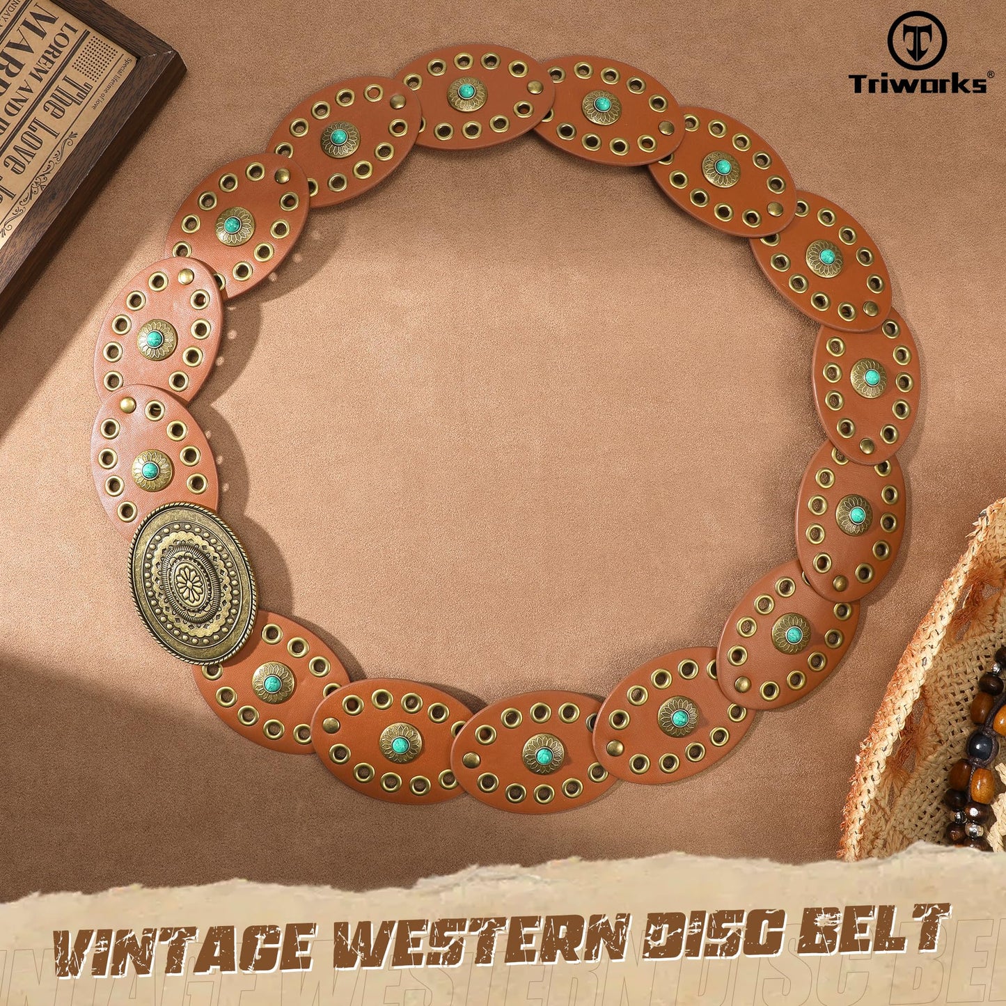 TRIWORKS Western Belts for Women Wide Cowgirl Disc Belt with Turquoise Boho Concho Leather Belt Country Belt for Dress