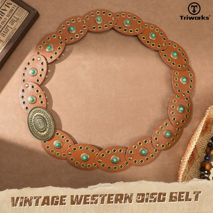 TRIWORKS Western Belts for Women Wide Cowgirl Disc Belt with Turquoise Boho Concho Leather Belt Country Belt for Dress