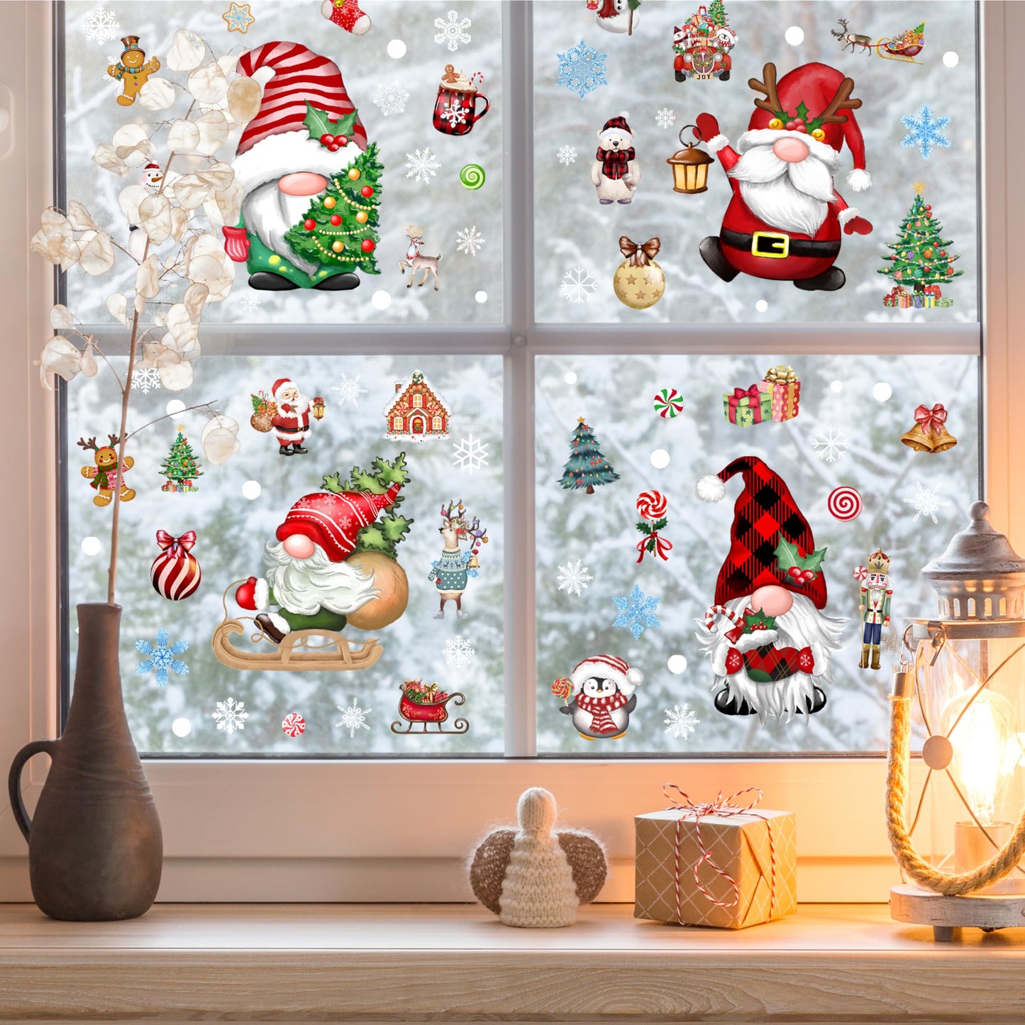 Christmas Gnomes Wall Stickers Decoration 12 Sheets, Christmas Wall Decals Holiday Gnome Decor, Winter Snowflake Vinyl Stickers for Living Room Bedroom Home Office Decor