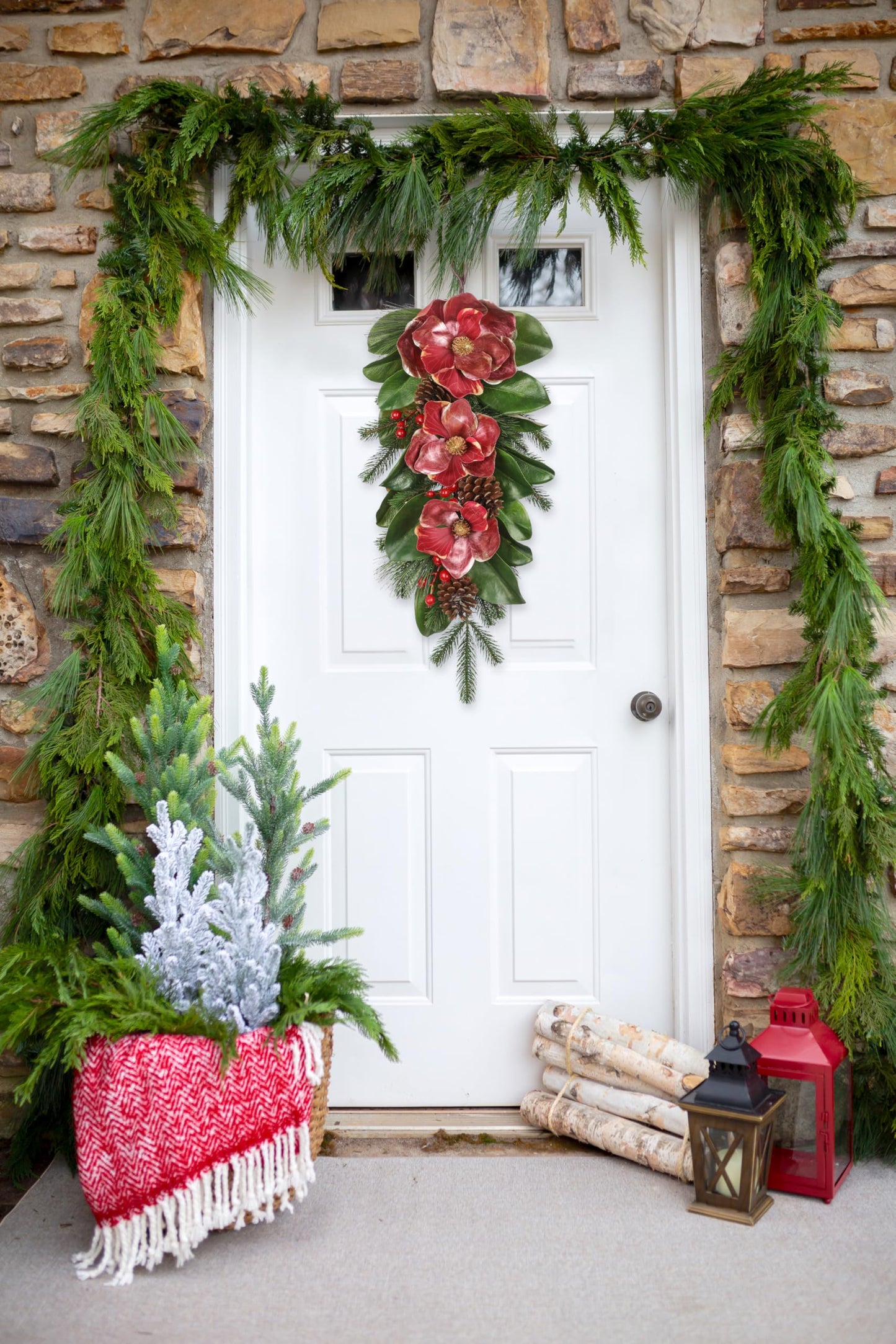 Briful 28.7 Inch Christmas Magnolia Flower Teardrop Swag – Red Magnolia Door Swag with Pine Cones Berries Artificial Christmas Hanging Teardrop for Xmas Home Holiday Front Door Outdoor Porch Decor