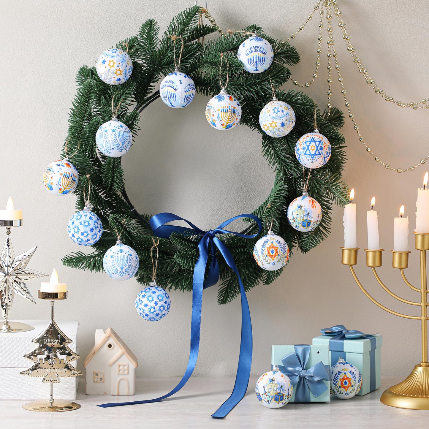Outus 16 Pcs Hanukkah Ball Ornaments Hanukkah Hanging Ornament for Tree Blue and White Jewish Christmas Decorations for Tree Star of David Chanukah Party Decorations