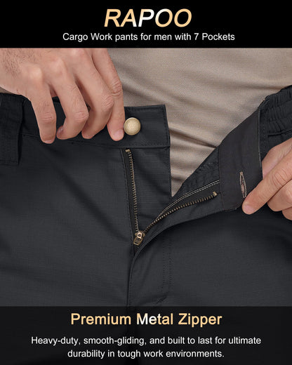 Rapoo Tactical Pants for Men Cargo Working Army Fishing Hiking Pants for Men with Pockets Elastic Waist Mens Ripstop Construction Carpenter Outdoor Pants Black 32Wx34L