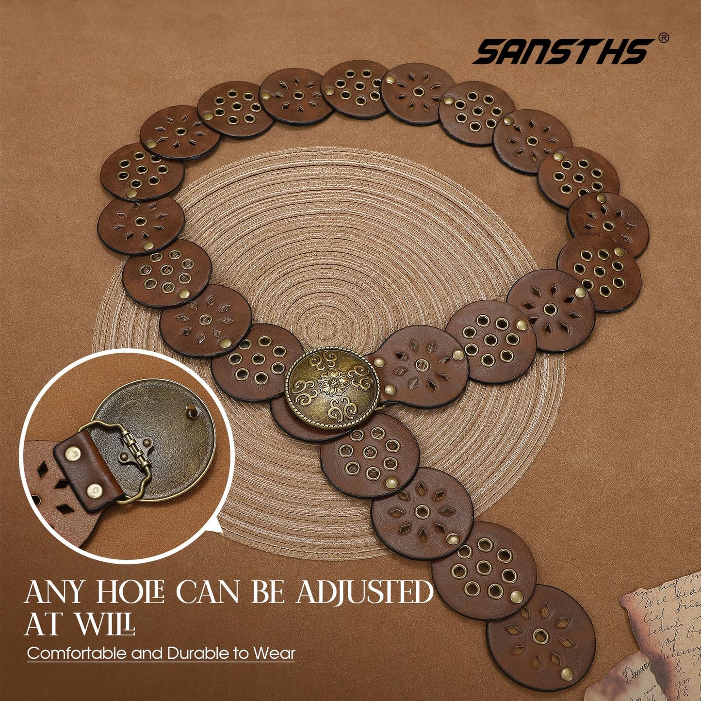 SANSTHS Vintage Disc Western Belts for Women, Wide Boho Concho Country Cowgirl Belts for Dress Jeans, Vintage Brown S