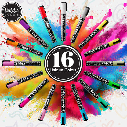 Loddie Doddie Chalk Markers - Pack of 16, Reversible 6mm Tips - Vibrant Chalkboard Designs with Chalkboard Markers - Easy Erase on Glass & Whiteboards with Dry Erase Pen