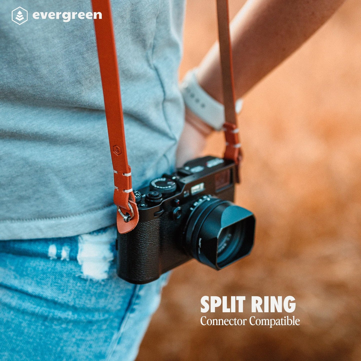 Evergreen Leather Camera Strap – Split Ring, 38 Inch Neck Shoulder Slim, Vintage Modern Design, Hand Stitched, Compatible with Fuji Sony Nikon Leica Canon (Black)