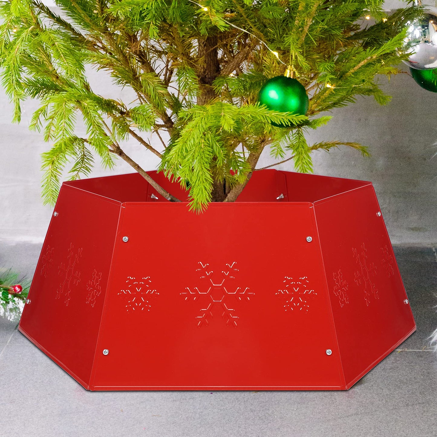 FORUP Metal Christmas Tree Ring with Printed Snowflake, Tree Skirt Base Stand for Christmas Decorations (Red)