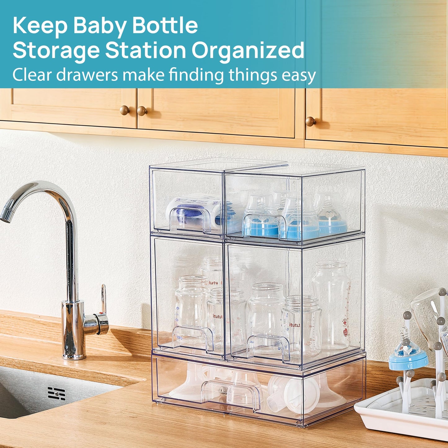 Vtopmart Stackable Storage Drawers Set of 5, Clear Plastic Organizer Bins for Baby Bottle, Beauty Supplies Storage, Ideal for Kichen Countertop, Vanity, Bathroom, Cabinet, Pantry Organization