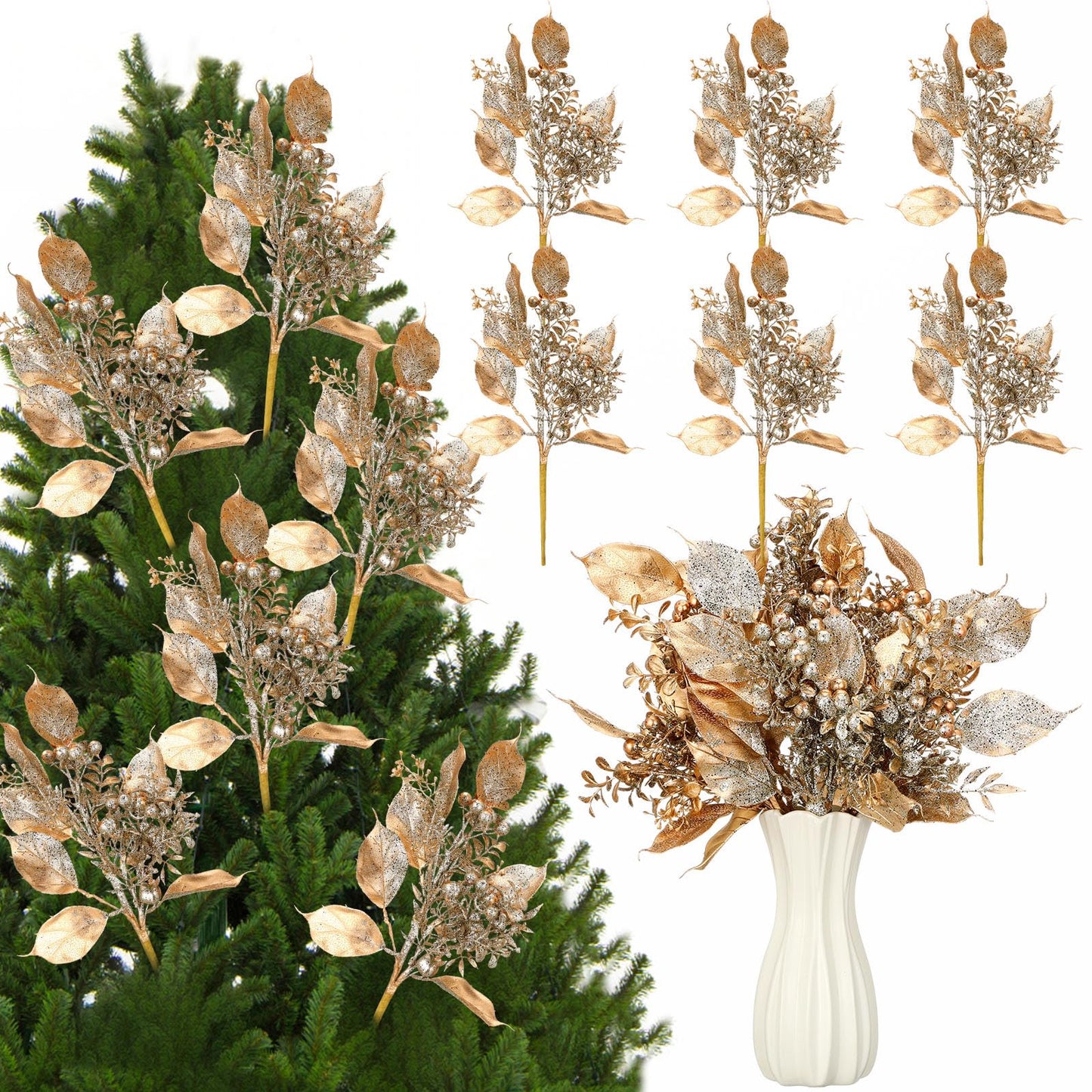 Thiccywoov 6 Pcs 16 Inch Christmas Magnolia Picks Champagne Christmas Tree Picks Glitter Gold Artificial Magnolia Flower Leaves Berries Branches for Xmas Tree Winter Vase Wreath Holiday Decor
