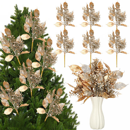 Thiccywoov 6 Pcs 16 Inch Christmas Magnolia Picks Champagne Christmas Tree Picks Glitter Gold Artificial Magnolia Flower Leaves Berries Branches for Xmas Tree Winter Vase Wreath Holiday Decor