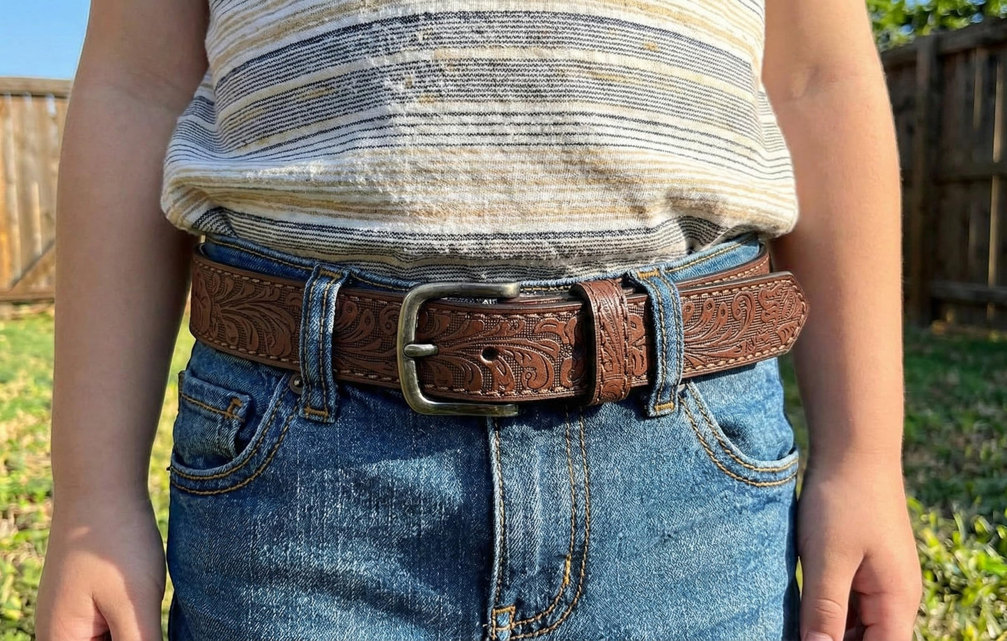BC Belts Western Kids Leather Belt Strap and Metal Buckle 1" Wide with Snaps - Embossed Western Scrollwork Cowboy Country (Brown-S)