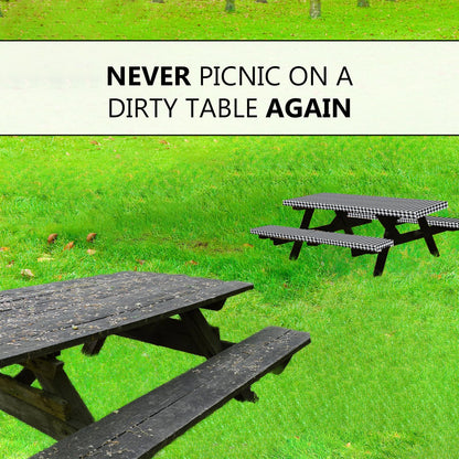 LINPRO 8ft Picnic Table Cover with Bench Covers Vinyl Fitted Picnic Table Covers with Elastic Camping Essentials and Picnic Tablecloth and RV Accessories with Bag