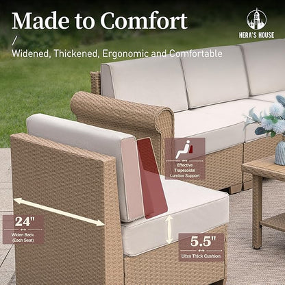 HERA'S HOUSE Patio Furniture Set 7 Piece, Outdoor Sectional Wicker Sofa with 44" Coffee Table All Weather 6 Seats, 5.5" Thick Waterproof Cushion Modular Conversation Set for Garden Deck Backyard
