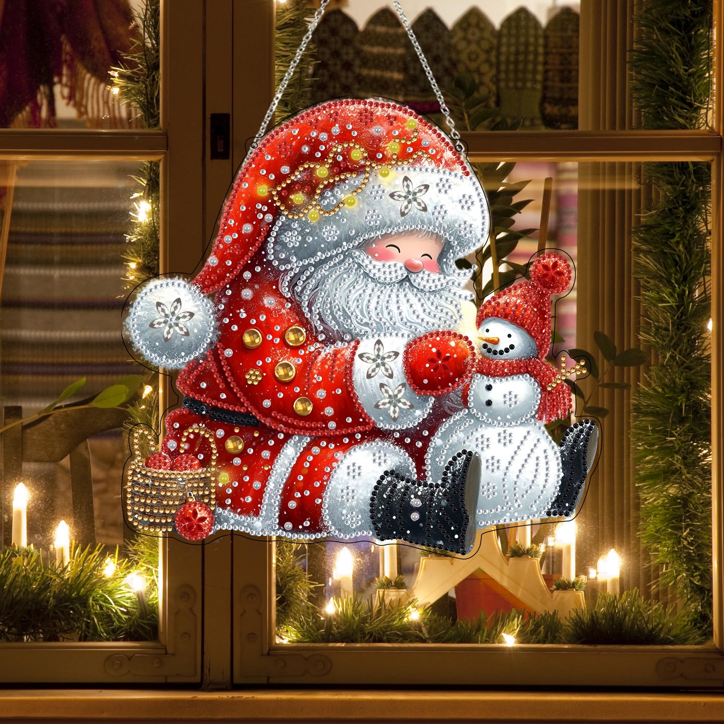 JJFox Diamond Art Hanging Kit for Adult,Special Shaped Rhinestone,DIY Acrylic 5D Diamond Art Painting Window Pendants Home Garden Wall Hanging Kits Hanging Ornament,Double Sided. (Father Christmas)