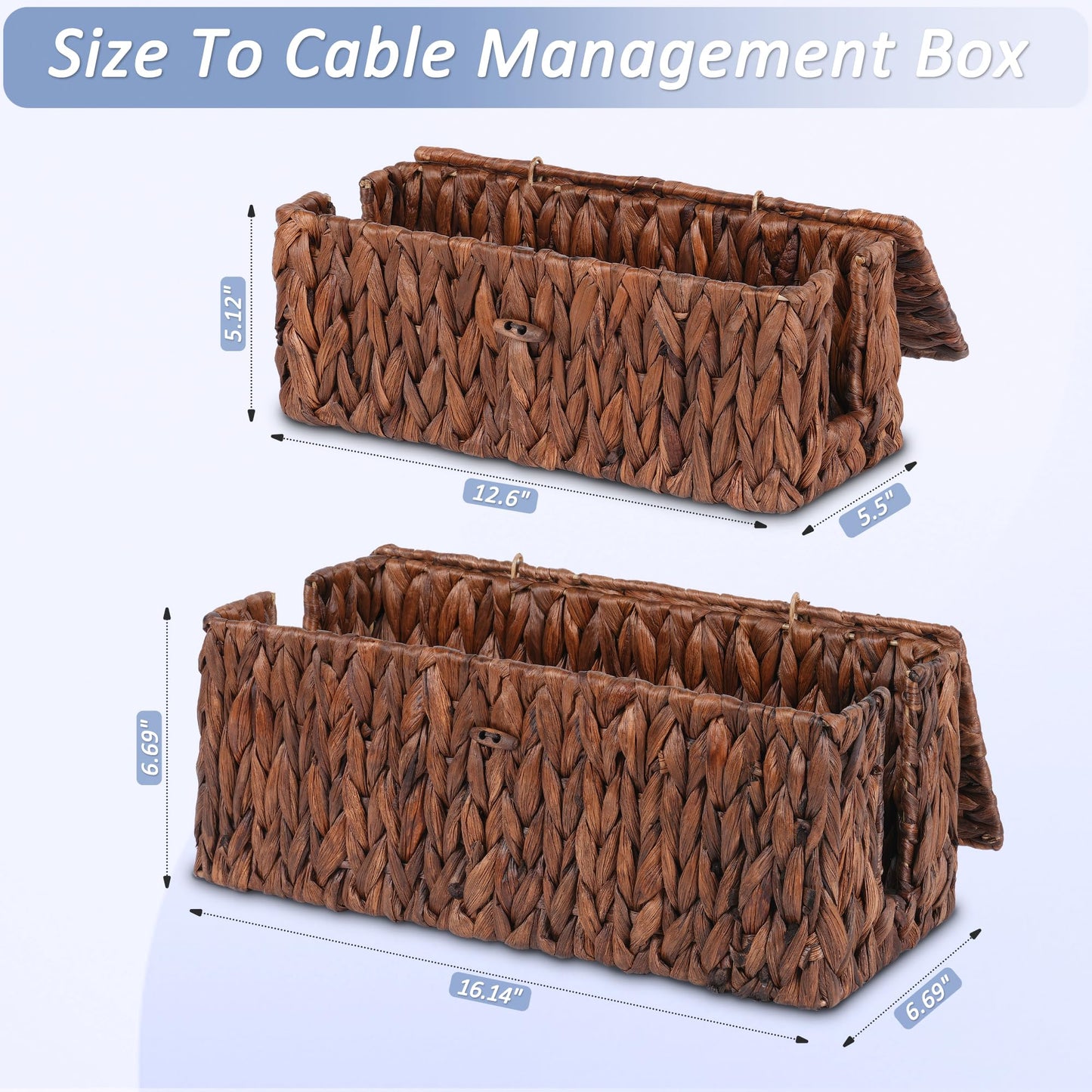 efluky 2 Pack Hand-Woven Cable Management Boxes, Water Hyacinth Cord Organizer Box with Lid, 2 Open Slots Cable Organizer Basket to Hide Power Strip and Charger for Home & Office and Dorm,Brown