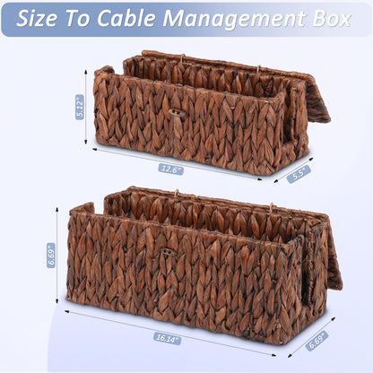 efluky 2 Pack Hand-Woven Cable Management Boxes, Water Hyacinth Cord Organizer Box with Lid, 2 Open Slots Cable Organizer Basket to Hide Power Strip and Charger for Home & Office and Dorm,Brown