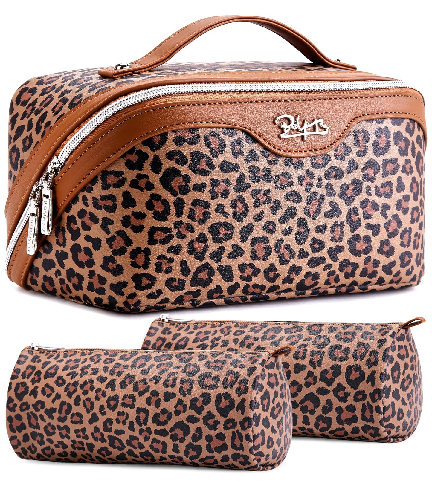 BOYATU Travel Makeup Bags Organizer for Women: 3 Pcs Set Leopard Cosmetic Bag - Large Make up Bag with Compartments - Flat Open Waterproof Leather Toiletry Bags for Skincare, Brushes & Travel - Brown