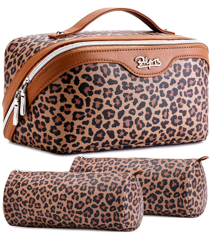 BOYATU Travel Makeup Bags Organizer for Women: 3 Pcs Set Leopard Cosmetic Bag - Large Make up Bag with Compartments - Flat Open Waterproof Leather Toiletry Bags for Skincare, Brushes & Travel - Brown