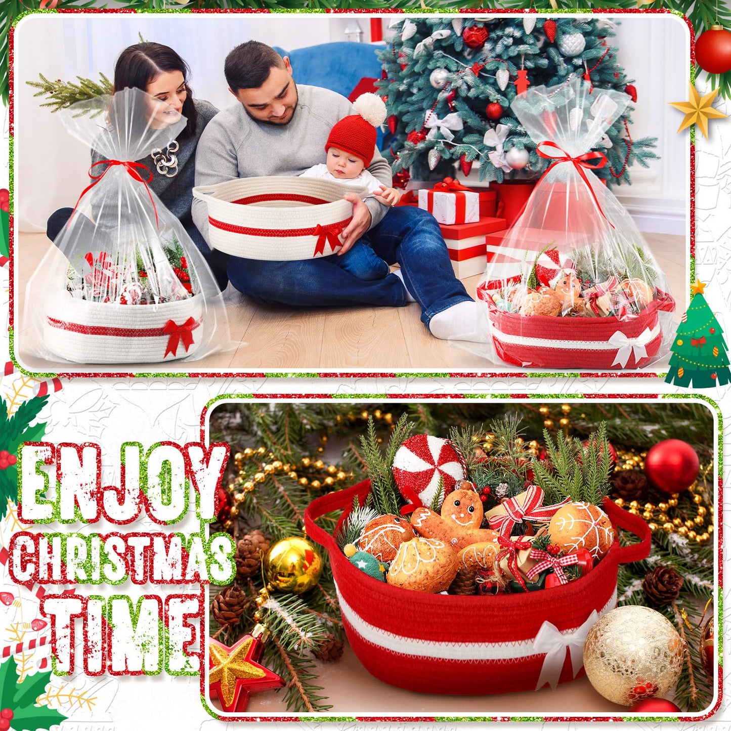 Youyole 2 Pcs Christmas Storage Gift Basket with Gift Bag and Ribbon Xmas Small Storage Basket with Bow and Handles for Nursery Home Empty Living Room Christmas Decorative Container, Red and White