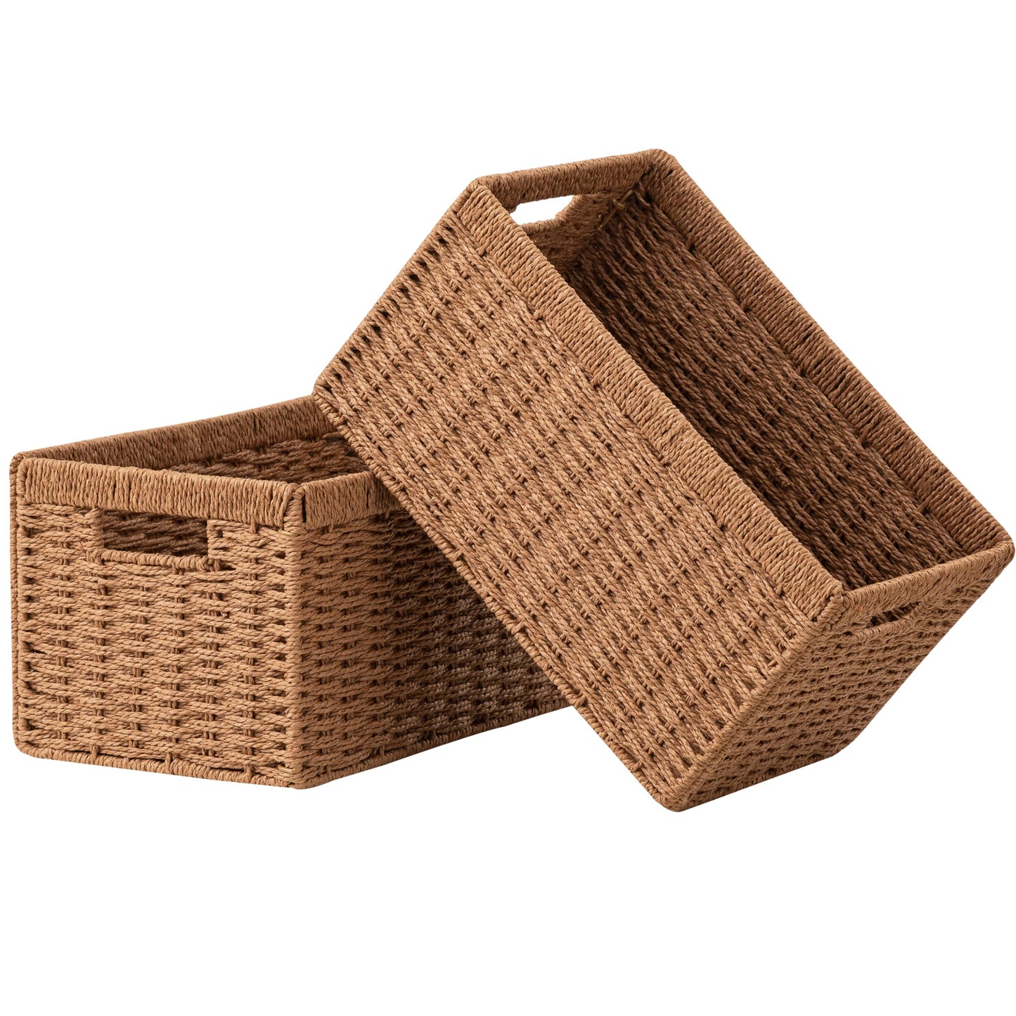 UBBCARE 2 Pack Wicker Basket, 13.4L×8.3H×7.1W inch Woven Paper Rope Storage Baskets for shelves, Foldable Rectangular Storage Baskets with Handle, Storage Basket for Organizing, Caramel