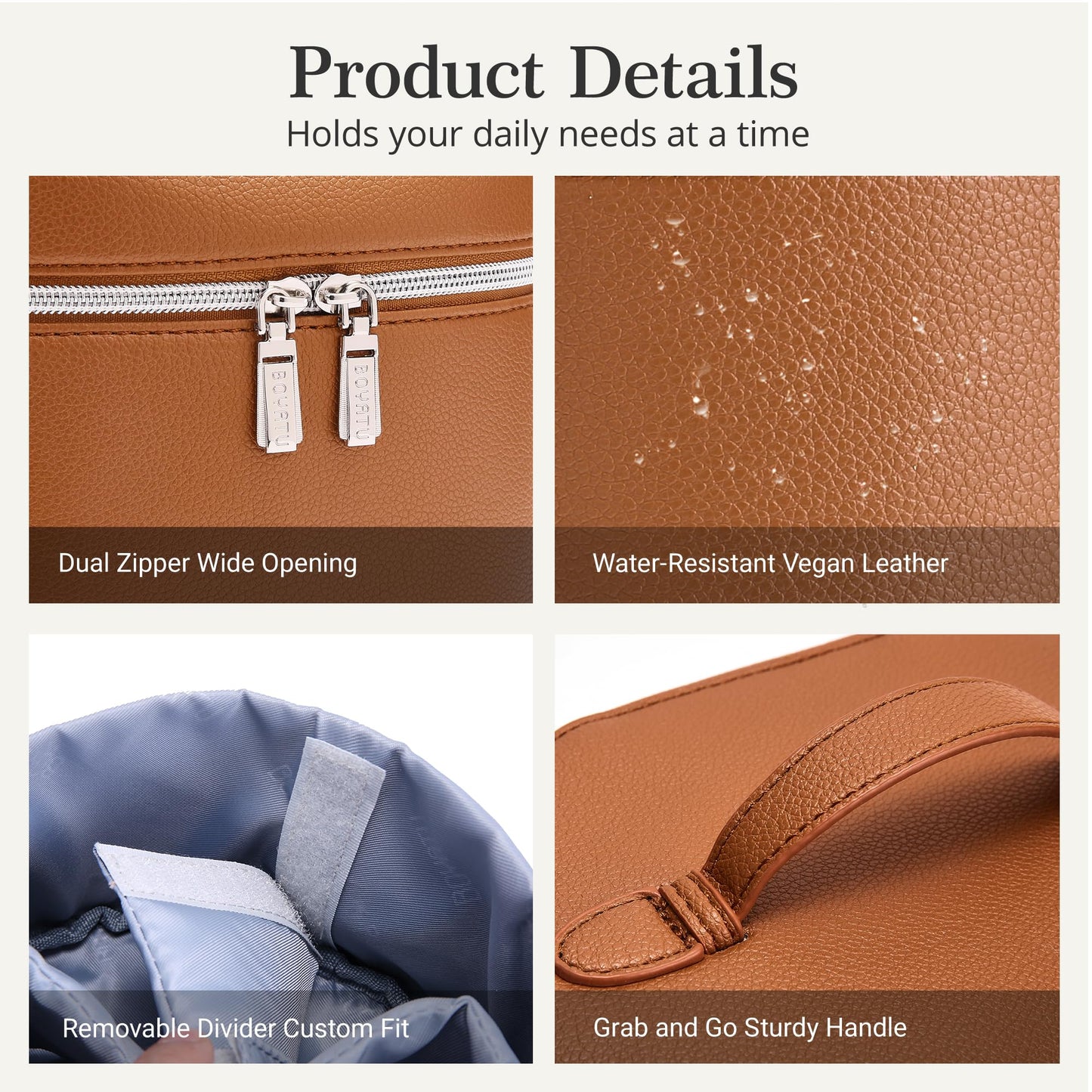 BOYATU Makeup Bag Vanity Case: Vegan Leather Cosmetic Bag for Women - Waterproof Travel Toiletry Organizer with Removable Divider - Portable Make up Bag with Handle (Brown)
