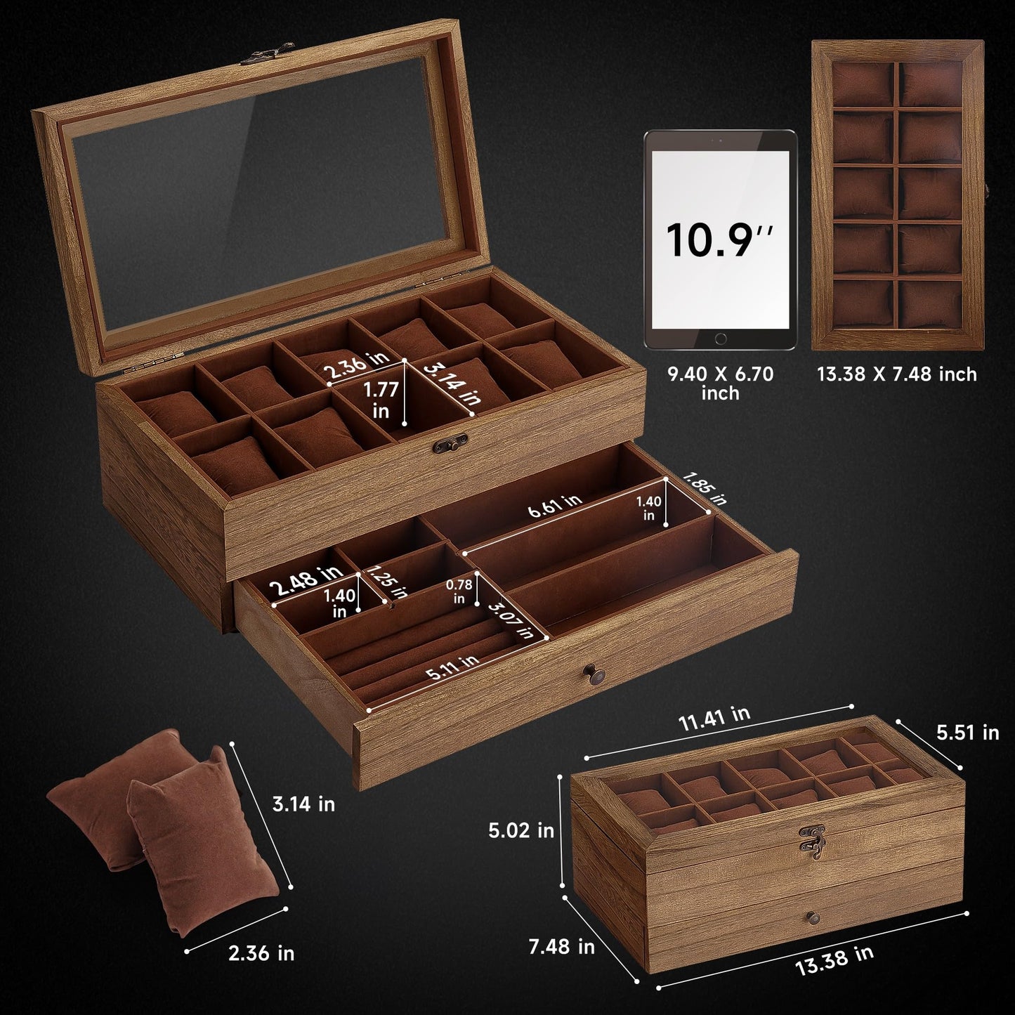 GALHUBIS Watch Box with 10 Slots, 2-Tier Watch Case for Large Dial Watches, Watch Display Case with Lid, Removable Watch Pillows, Gifts for Men Women, Watch Organizer with Drawer, Jewelry Box, Walnut