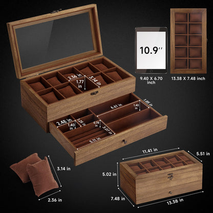 GALHUBIS Watch Box with 10 Slots, 2-Tier Watch Case for Large Dial Watches, Watch Display Case with Lid, Removable Watch Pillows, Gifts for Men Women, Watch Organizer with Drawer, Jewelry Box, Walnut