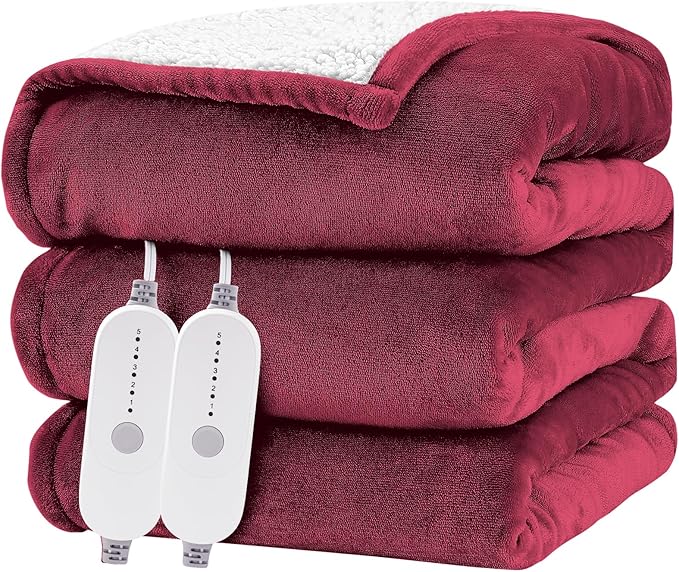 HYLEORY Heated Electric Blanket Queen 84"x90" Soft Fleece & Flannel with 5 Heating Levels & 10 Hours Timer Auto Shutt Off, ETL Certified, Washable，Heated Blanket for Body-Red