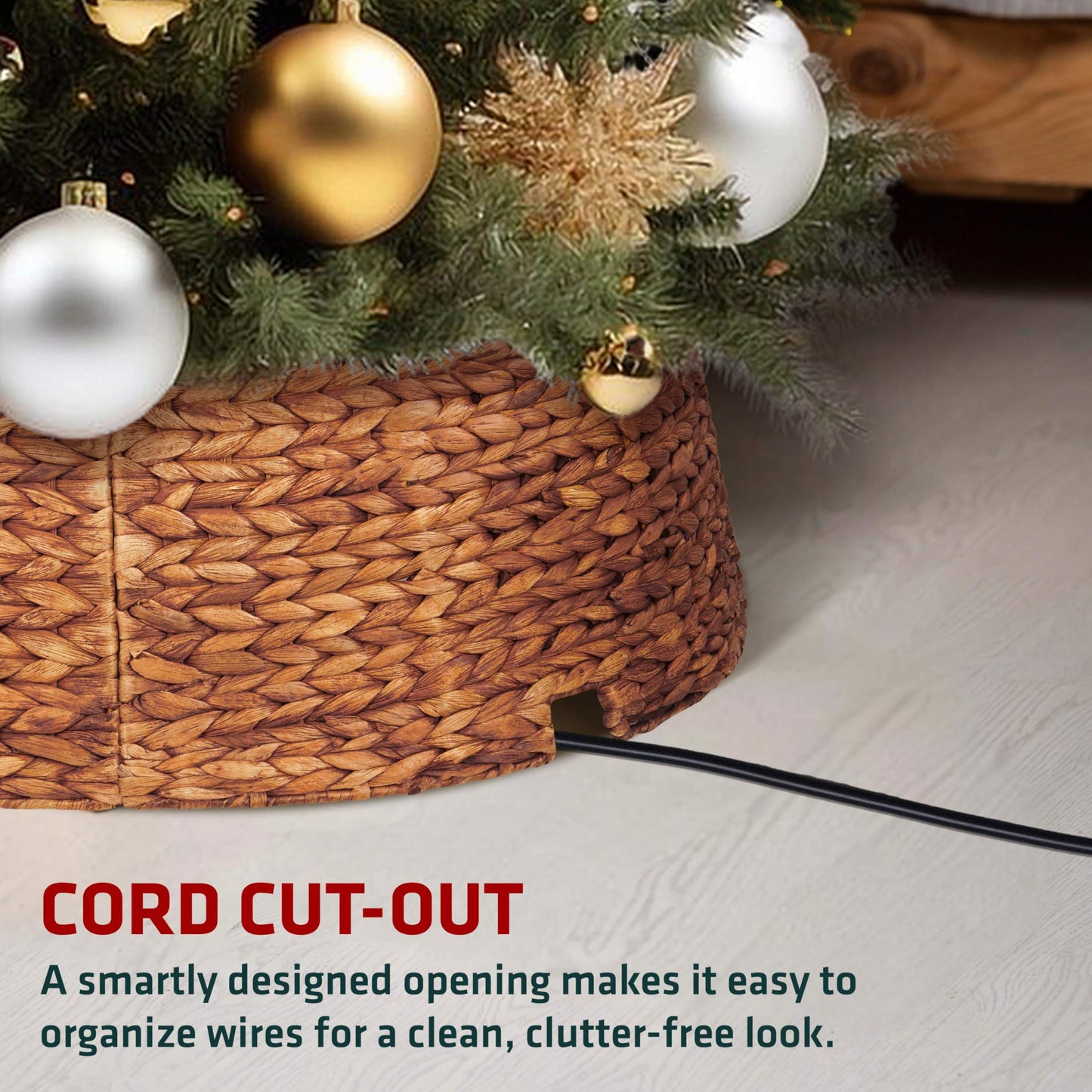 MIXUMON Handmade Water Hyacinth Christmas Tree Collar 24" – Rustic Basketweave Tree Base Cover, Eco-Friendly Skirt Alternative with Cord Cut-Out (Brown, 24 in)