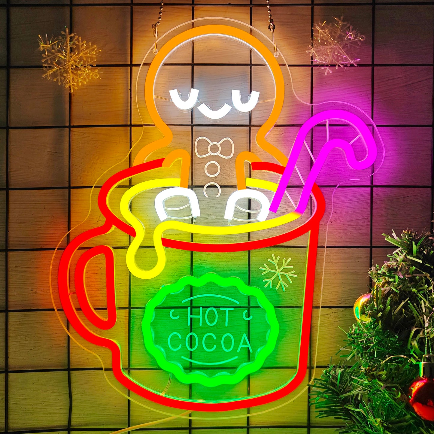 hhuohuona Christmas Gingerbread Man Neon Sign Dimmable Hot Cocoa Christmas Led Sign Gingerbread Hot Cocoa Mug Candy Cane Neon Lights Xmas Holiday Led Wall Decor Gift