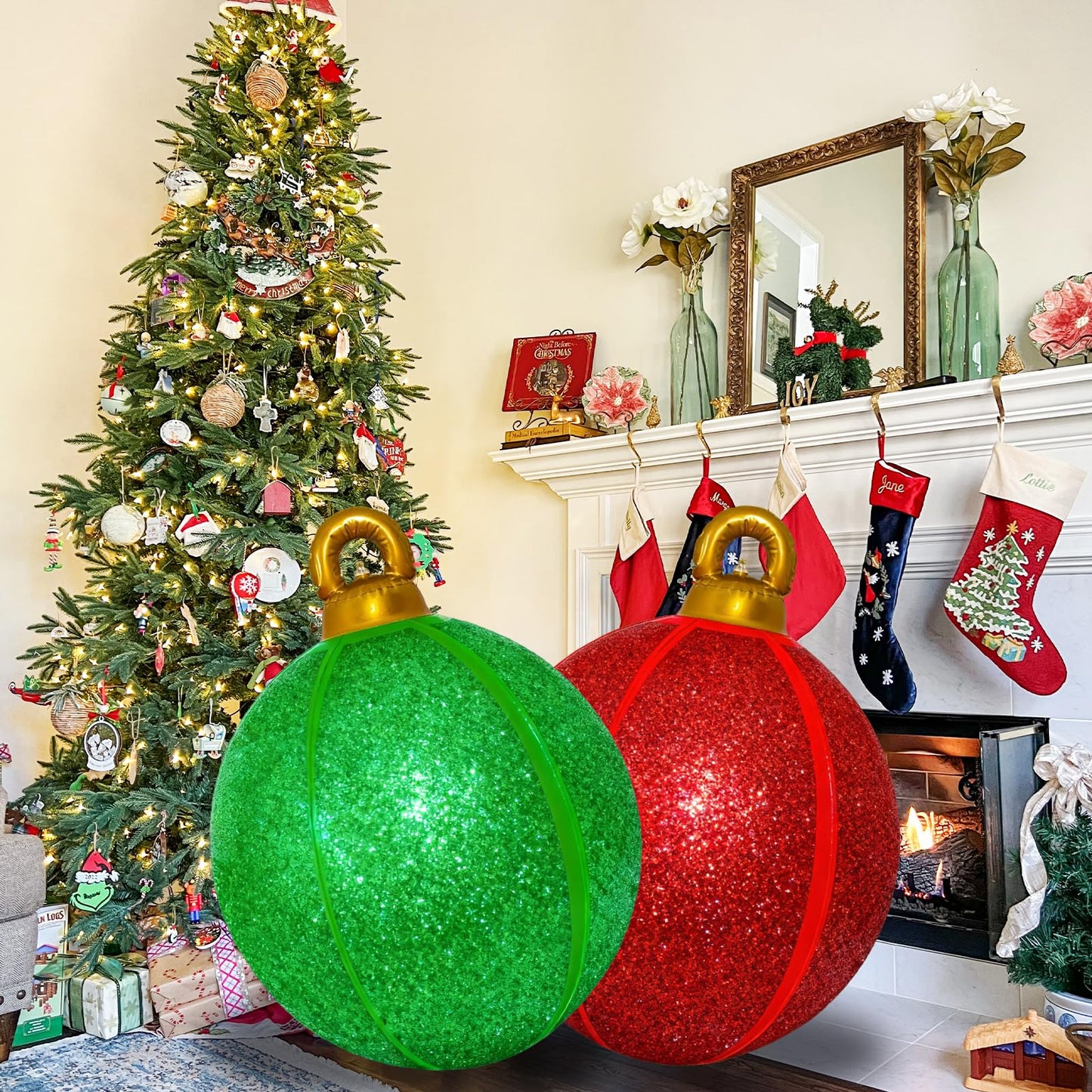 2 Pack 24 Inch Inflatable Christmas Balls, Giant Inflatable Ornaments Outdoor, Extra Large Outdoor Christmas Ornaments for Lawn, Porch, and Front Door (Red & Green)