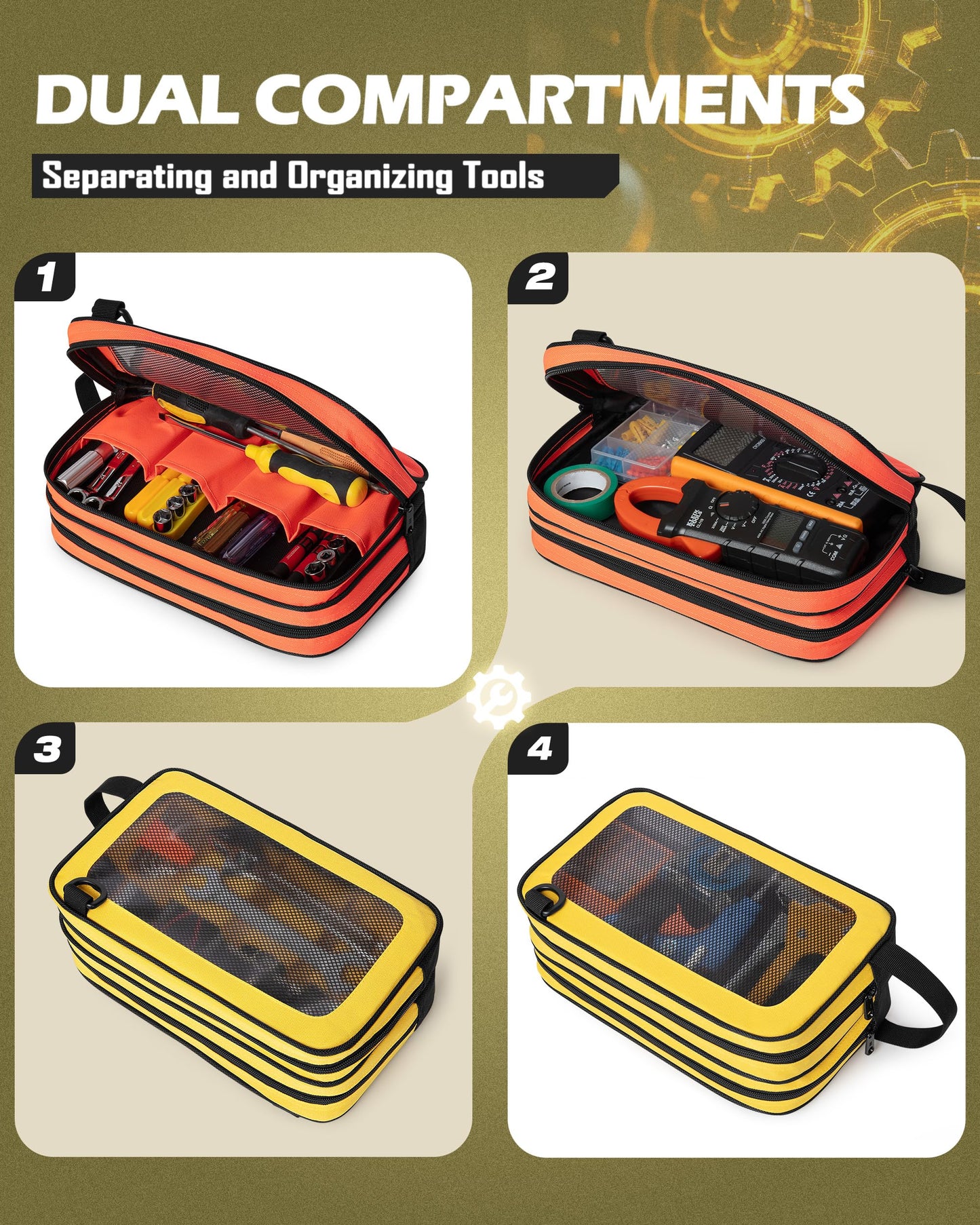 Marscamd 2 Pack Tool Pouch with Dual Compartments, 12” Tool Bag with Detachable Shoulder Strap, Carry Handle and Translucent Window, Orange-red/Yellow