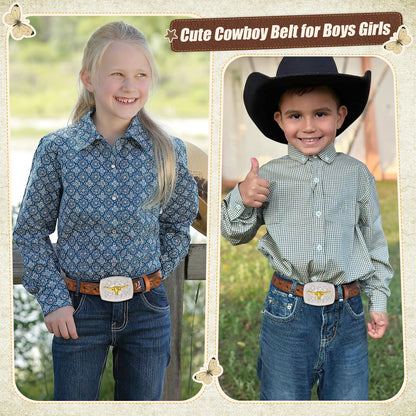 JKEEMI Kids Western Belt, Boys Girls Cowboy Belt for Kids with Detachable Square Buckle and Genuine Leather for Jeans Gifts
