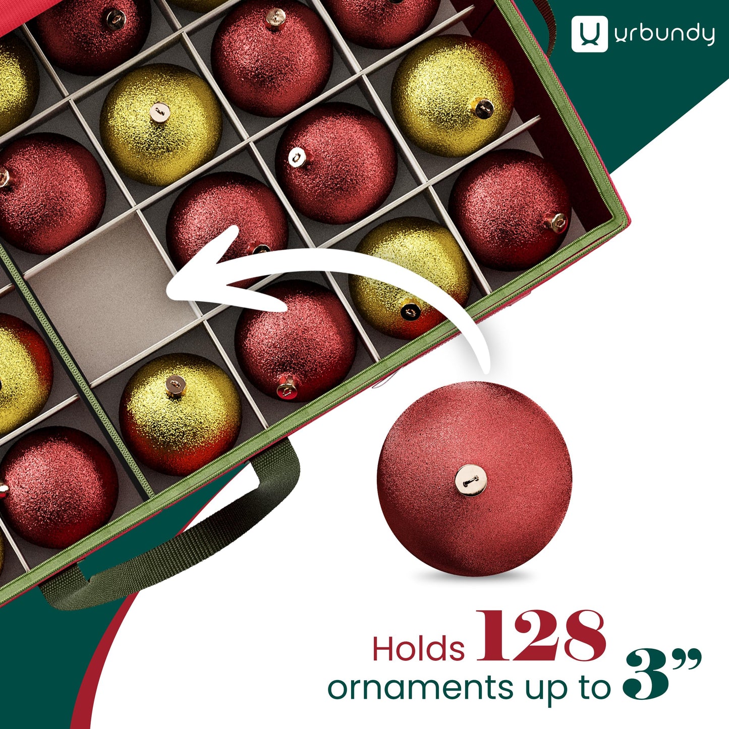 URBUNDY Christmas Ornament Storage Box - Red, Fits 128 Ornaments - Organizer With Dividers & Handles