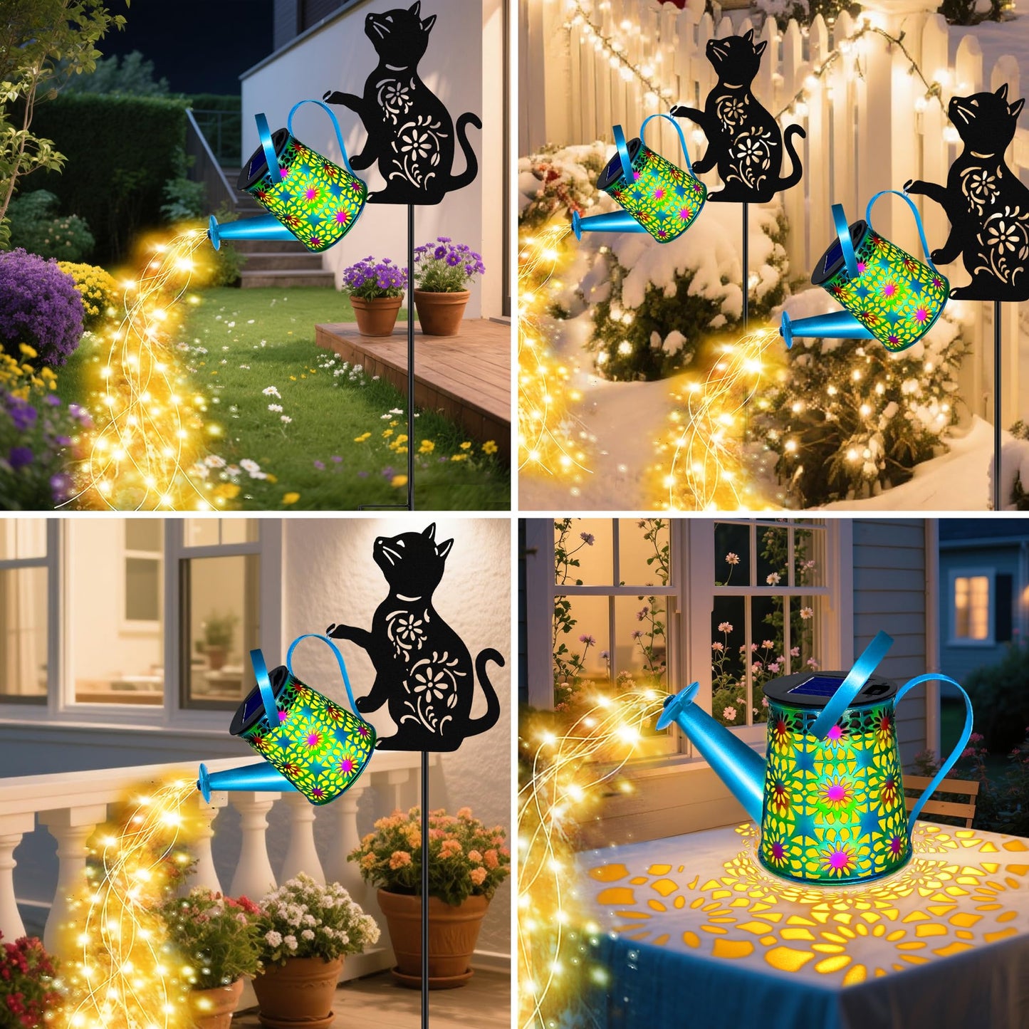 yulloyello Black Cat Solar Watering Can Lights, Birthday Gifts for Women Mom Christmas, Yard Decorations Outdoor Waterproof, Blue Metal Hanging Lantern Solar Lights Garden Decor Patio Pathway, 2 Pack
