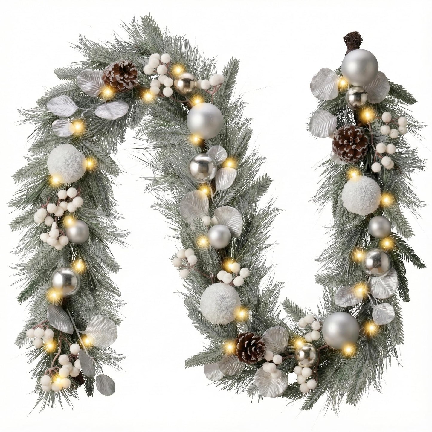 Valery Madelyn 6 Ft Pre-Lit Christmas Garland with Lights for Mantle, Lighted Outdoor Xmas Garland with Silvery White Ball Norfolk Pine for Home Stairs Fireplace Table Centerpiece Indoor Holiday Decor