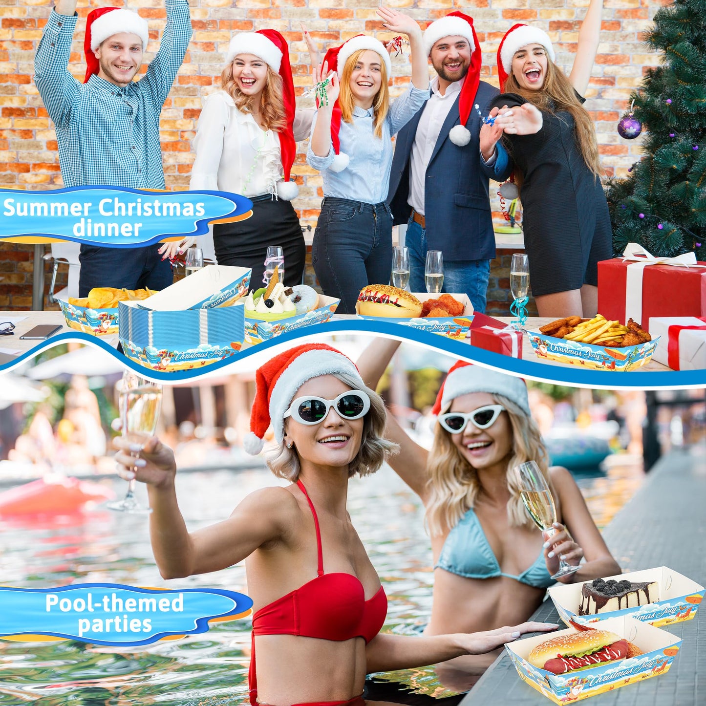 50Pcs Summer Christmas Paper Food Trays, Heavy Duty Disposable July Christmas Decorations Santa Food Boats, Serving Tray for Snack Sandwich Dessert Popcorn, Hawaii Theme Beach Pool Party Supplies