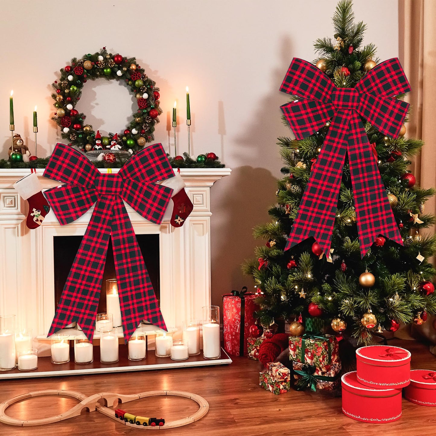 1 PCS Christmas Bows, 16x24 In Large Christmas Tree Bows, Velvet Black Red Xmas Bows for Buffalo Plaid Christmas Tree Decorations Plastic Xmas Home Party Decor Supplies for Fence Railing Stairs Door