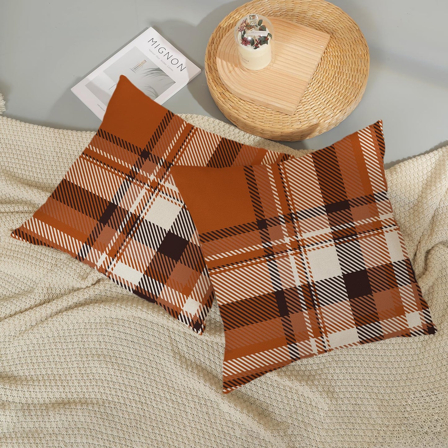 JEFERSO Fall Pillow Covers 18x18 Inch Set of 2 Burnt Orange Black Plaids Throw Pillows Autumn Harvest Thanksgiving Decoration Pillowcases Linen Outdoor Fall Decor Cushion Covers for Couch Sofa Home