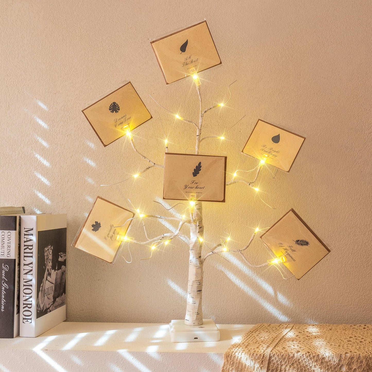 Money Tree Gift Card Holder 24 LED Birch Tree Lamp Battery/USB Powered Light Up White Trees Gift Card Holder with 6 Clips and 6 Greeting Cards for Photo Birthday Christmas Graduation Decor