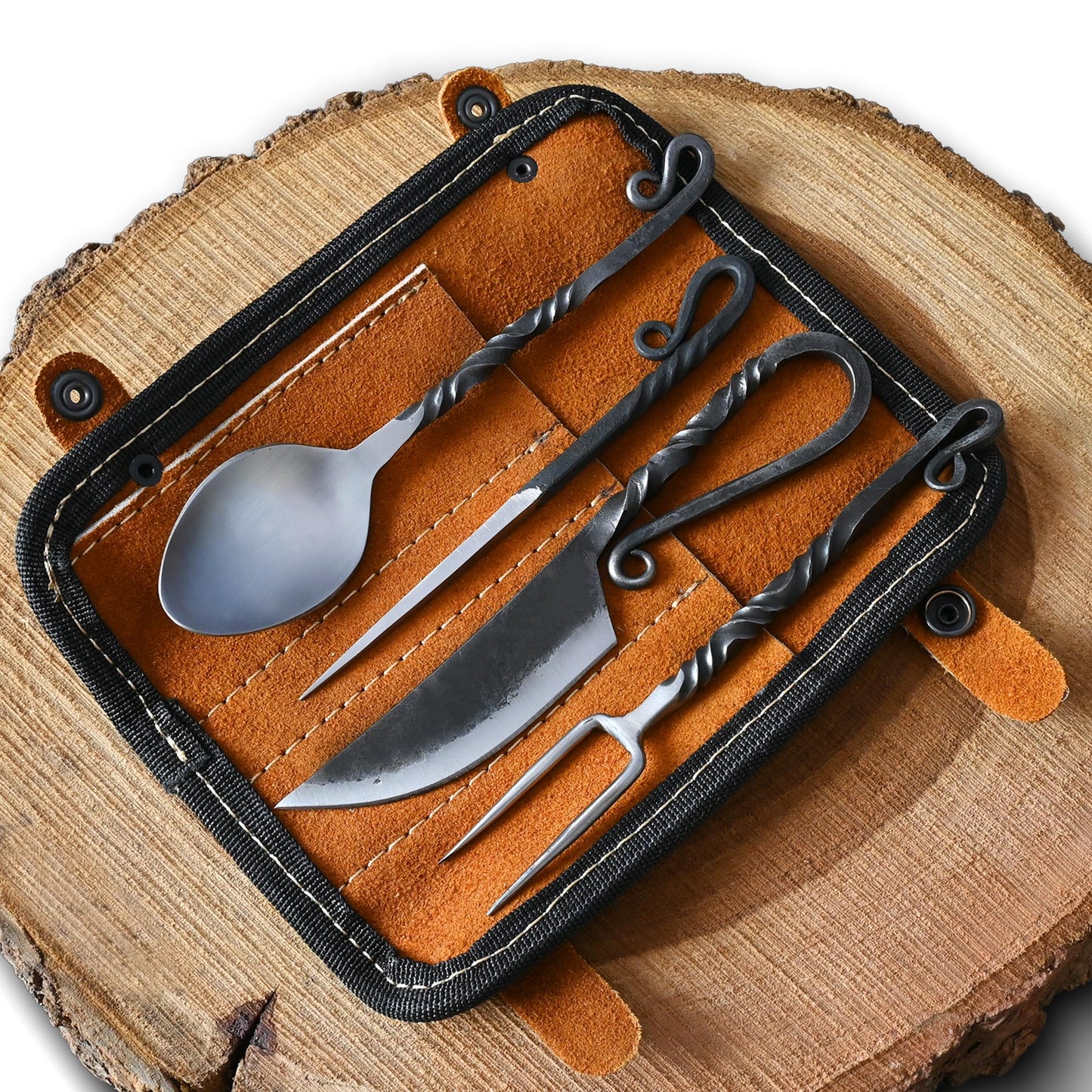 Medieval Silverware Set with Leather Cover - Hand Forged Medieval Cutlery Set - Viking Camping Utensils, Medieval Decor,Gifts - 4 Pcs Viking Utensils Set Fork Spoon and Knife Set (Half Black) (Silver Black)
