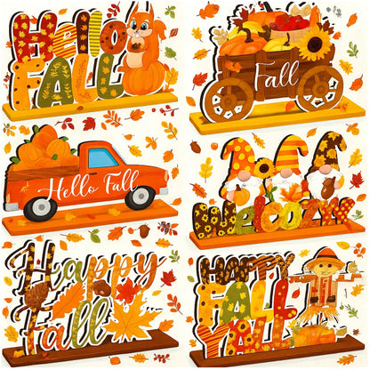 CroBlissful 6 Pcs Thanksgiving Decorations for Home Fall Table Centerpiece Hello Autumn Wooden Table Sign Pumpkin Gnome Truck Wood Tabletop Decor Harvest Party Decorations, 6 Styles