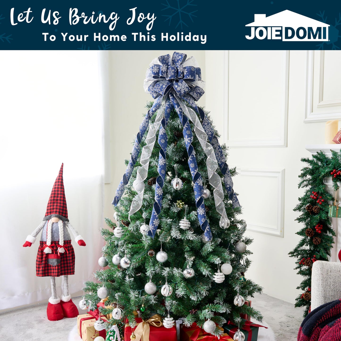 JOIEDOMI 45 Inch Christmas Tree Topper Wreath Bow, Blue and Silver Ribbon Ornaments with Snowflakes and Glitter, Large Gift Decor for Xmas Holiday Themed Decoration Home Parties Wedding
