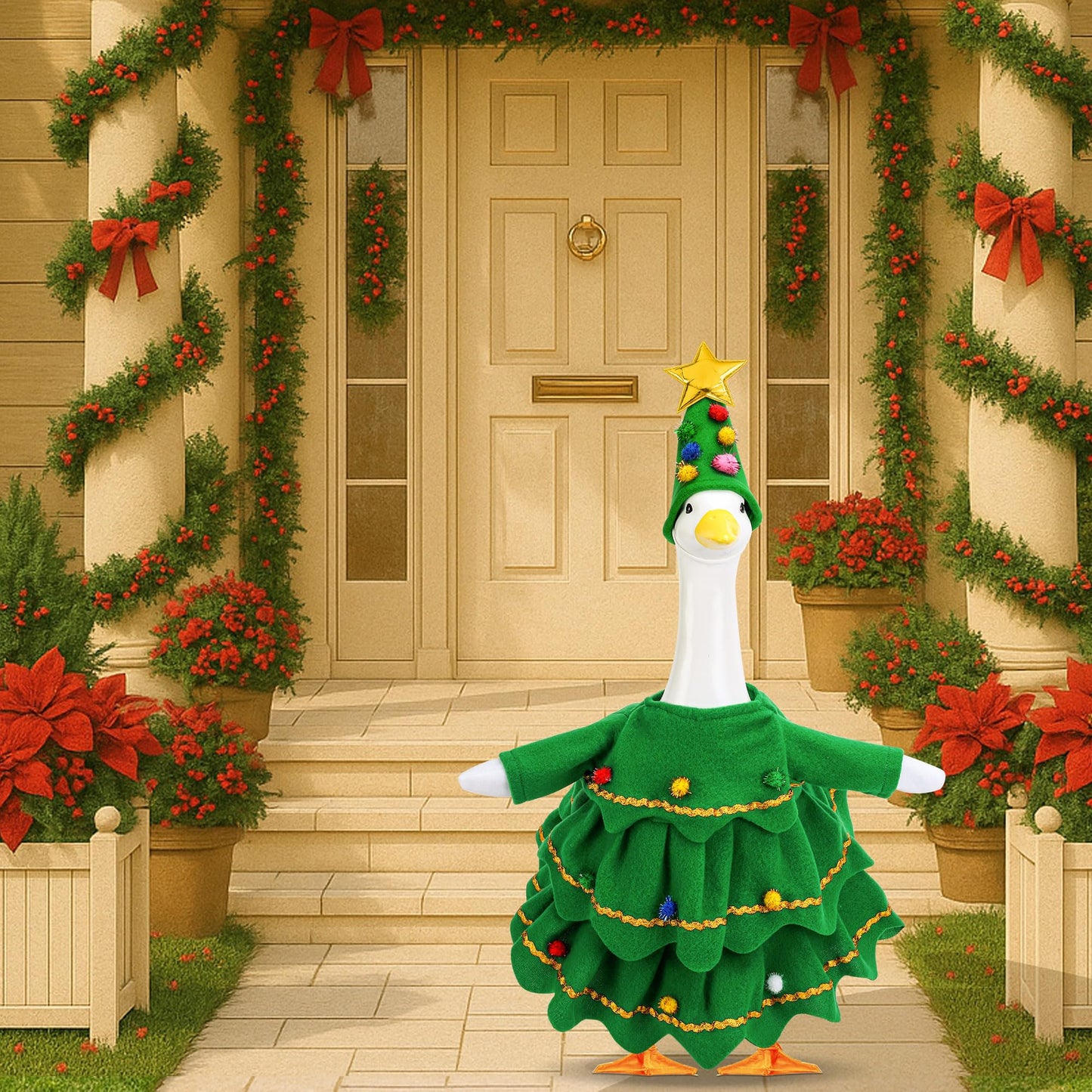 Watayo 2 Pcs/Set Christmas Tree Porch Goose Outfits, Lawn Goose Statue Xmas Tree Costume, Green Christmas Garden Goose Clothes Dress and Hat for 23" High Statue Xmas Holiday Patio Yard Decor