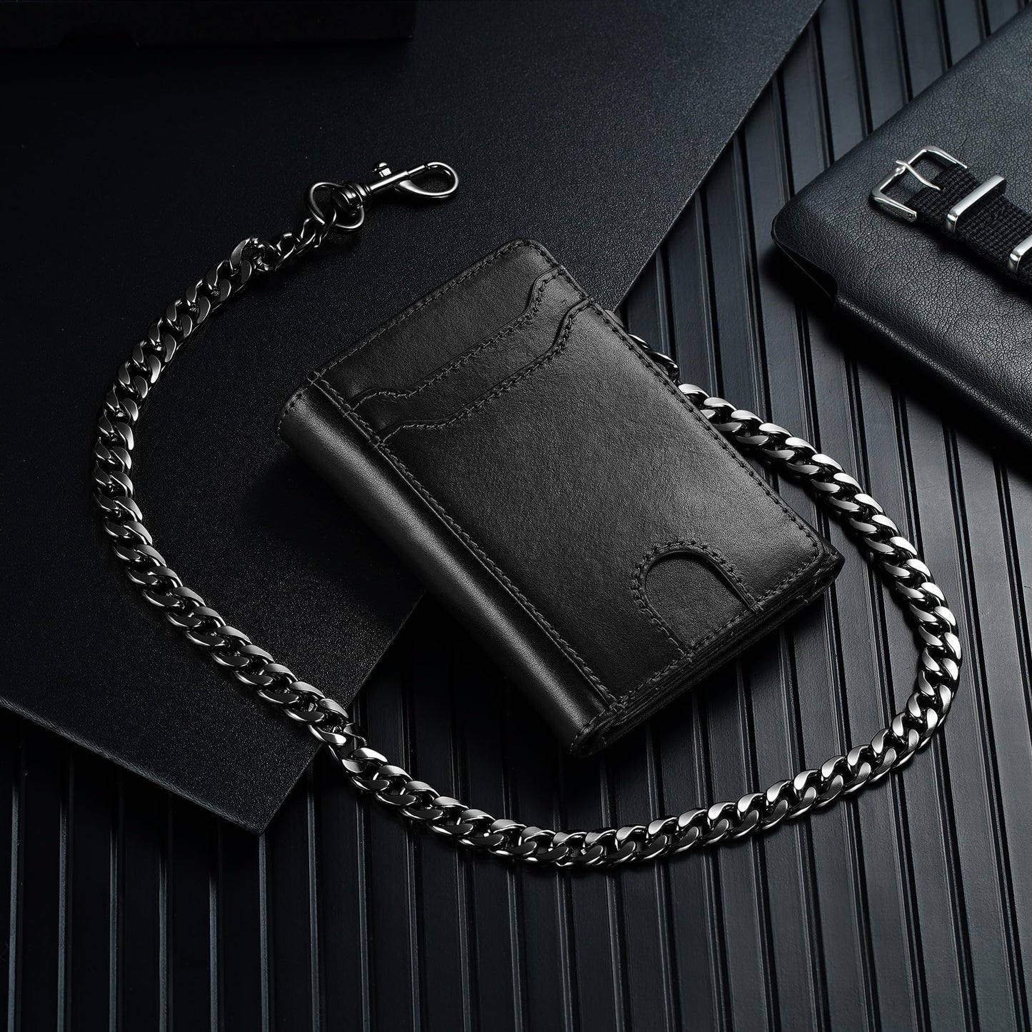 furid Genuine Leather Wallet with Chain: Trifold with RFID Blocking - Zipper Coin Pocket & Anti-Theft Chain - Biker Wallet for Motorcycle Outdoor - Gift for Father Husband