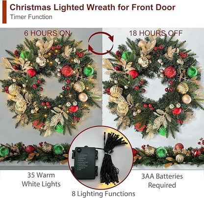 Christmas Lighted Wreath for Front Door, 28 Inches Pre-Lit 35 LED Lights, Red and Green Classic Artificial Holiday Wreath for Indoor Outdoor Home Decorations