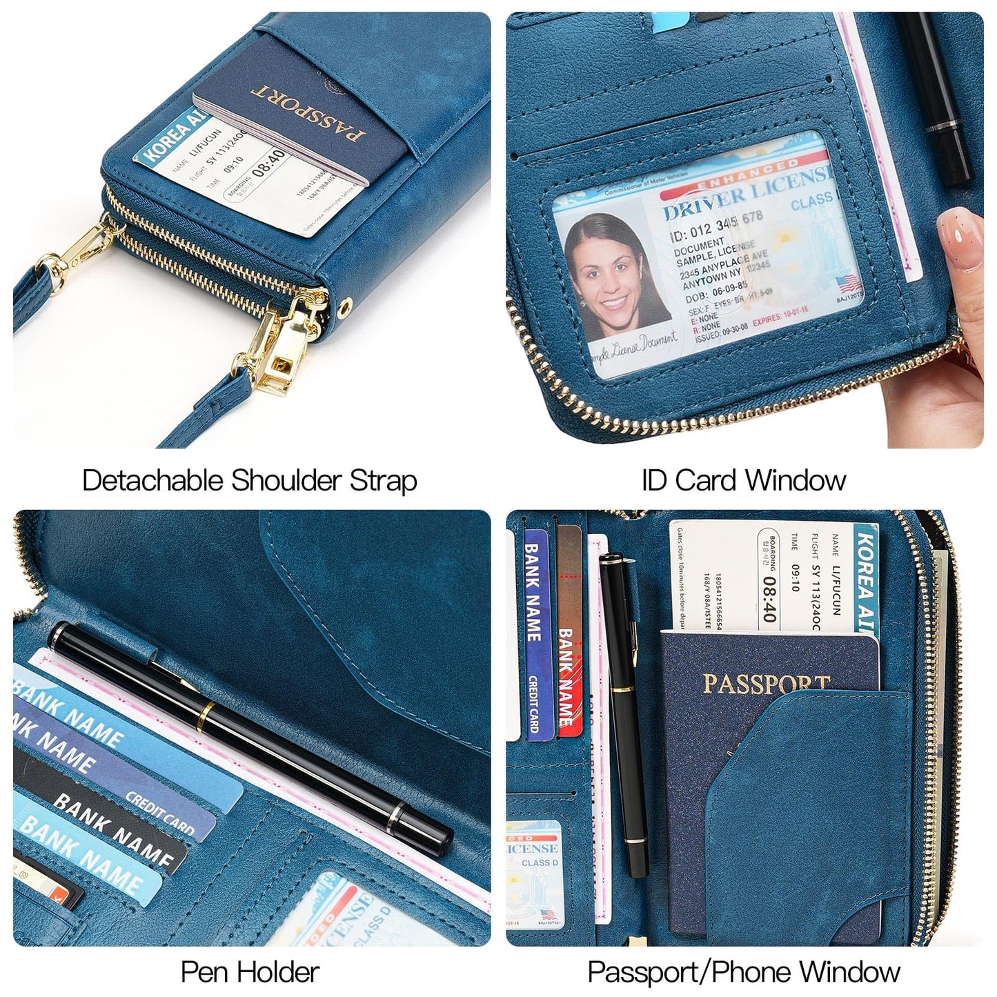GOIACII Passport Wallet Travel Crossbody Bags for Women Wristlet Phone Purse Double Zip Vegan Leather Blue