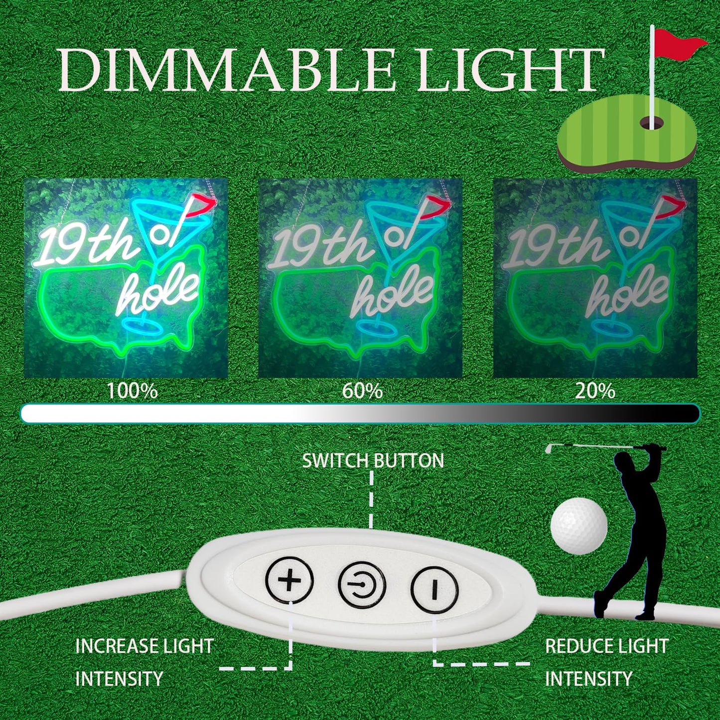 Zontruxe Golf Neon Sign for Wall Decor, Dimmable LED Golf Wall Lamp with 19th Hole Letter Sign, Light Up Sign for Man Cave, Bedroom, Office, Gym, Club, Party, Bar, Park, Birthday Gifts, 15 x 13 in