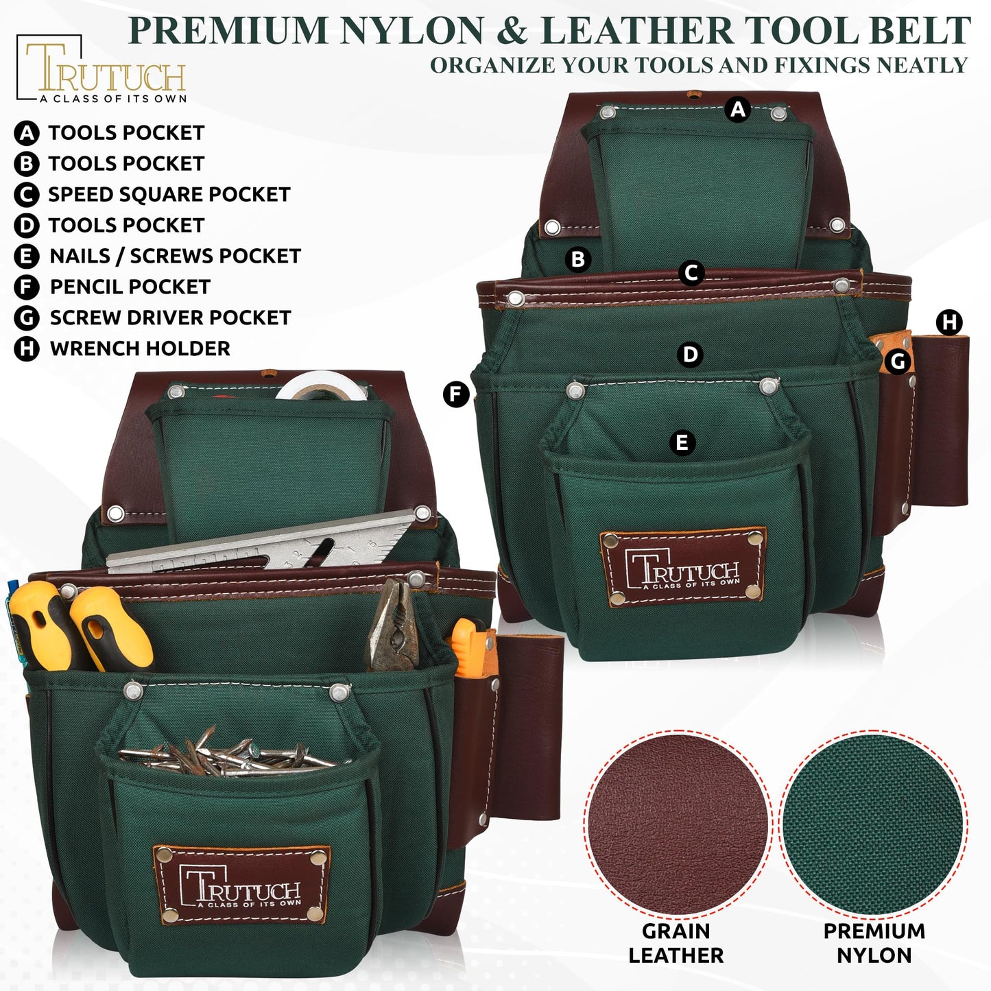 TRUTUCH Nylon and Leather Tool Belt | Framing Tool Bags/Pouch | for Carpenter, Construction, Framers & Electrician (Green)